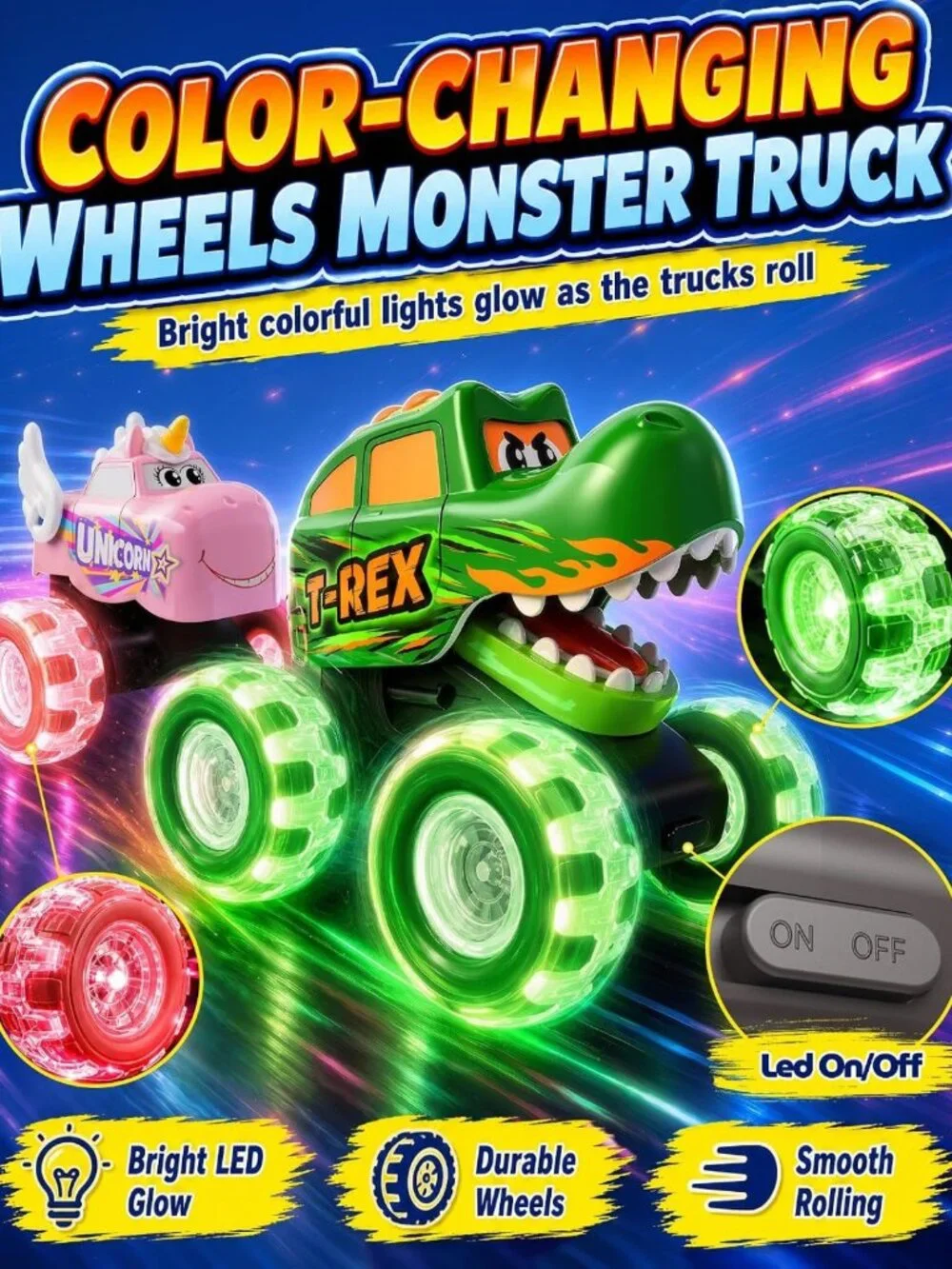 3 Pack Light Up Monster Truck Toys for Toddlers, Big Wheel Friction Cars, Fun